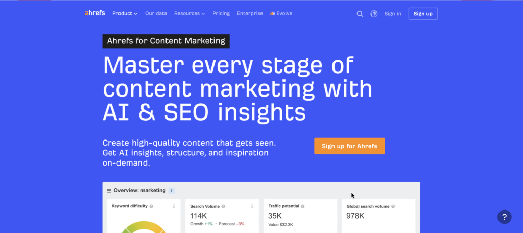 Ahrefs, a content marketing tool for keyword and content research