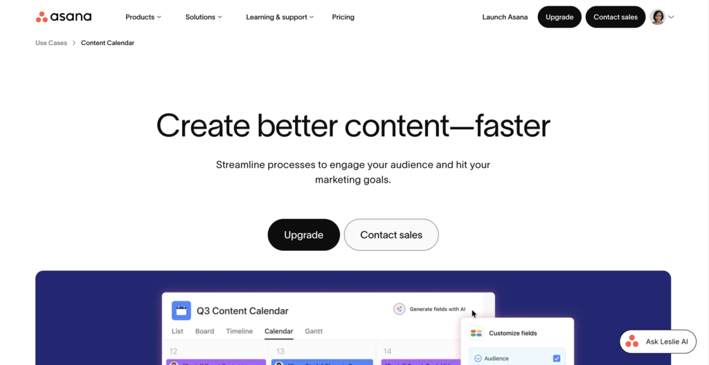 Asana, a content marketing tool for work management