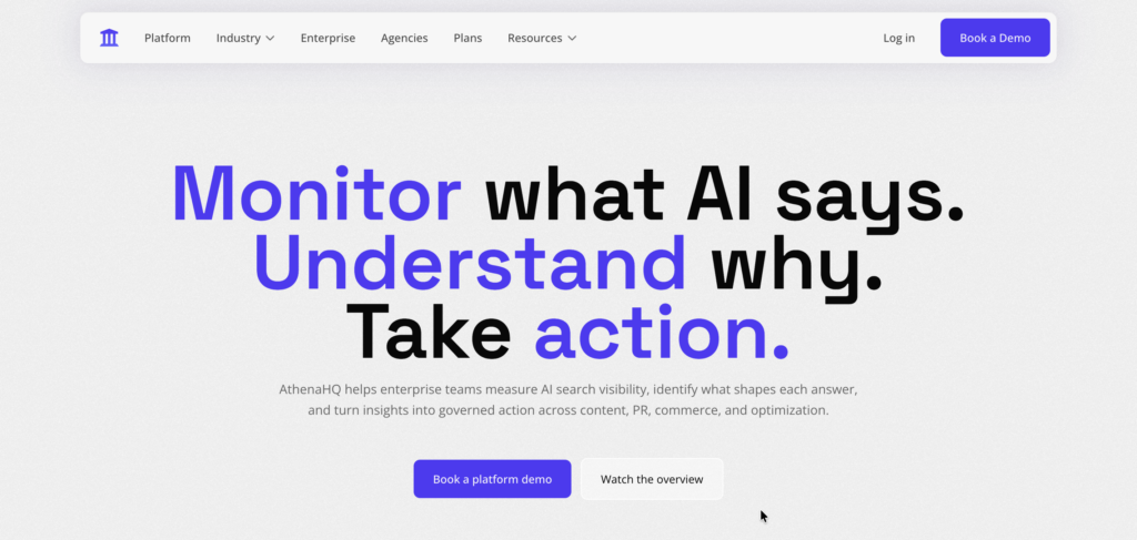 Home page for AthenaHQ, which offers a GEO tool