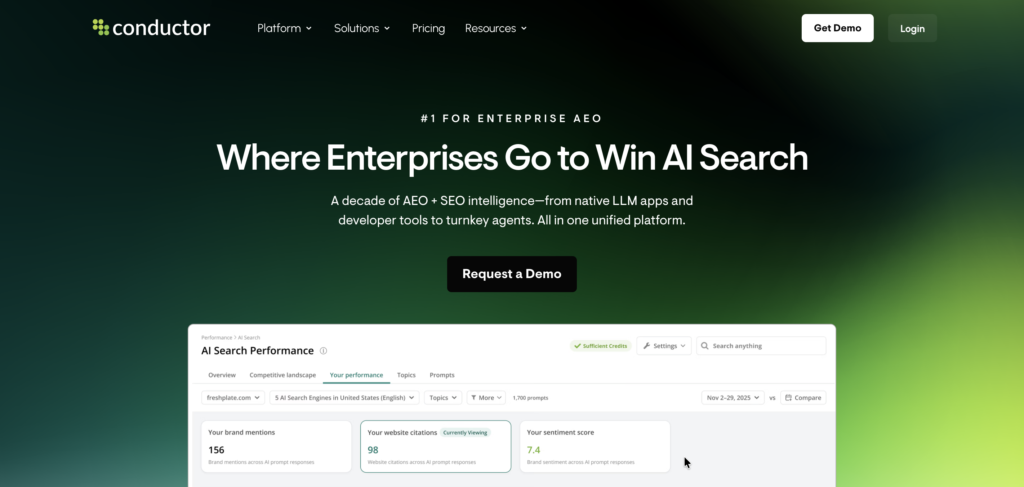Home page for Conductor, which offers an enterprise generative engine optimization tool