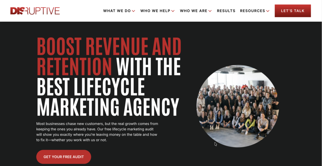 Services page from Disruptive Advertising, which is a well-known lifecycle marketing agency