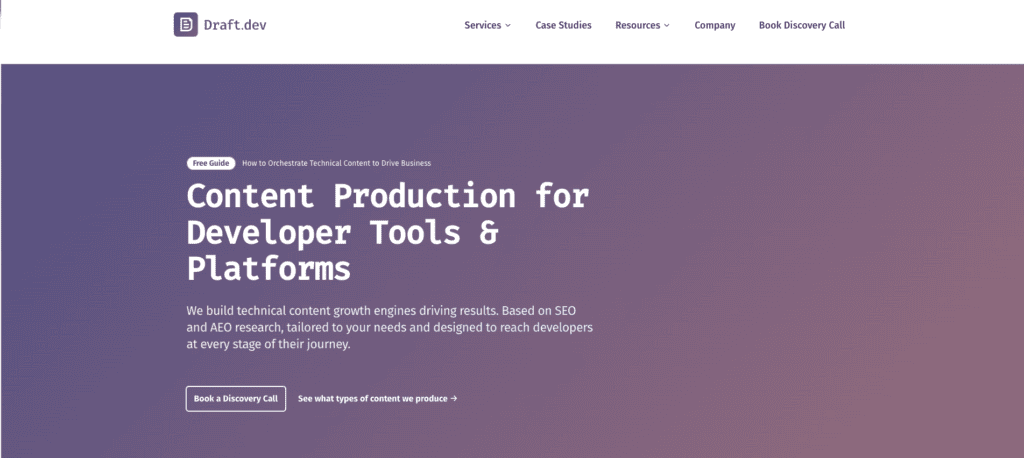 Service page for Draft.dev—a content creation agency specializing in technical content