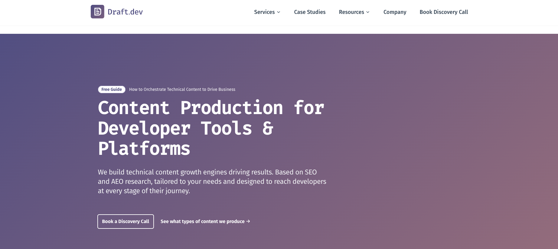 Service page for Draft.dev—a content creation agency specializing in technical content