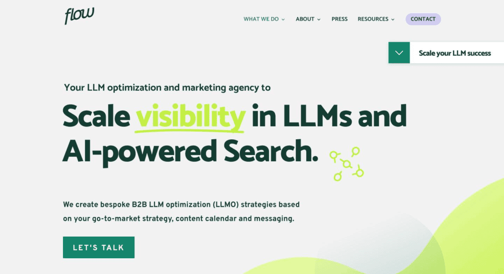 Website screenshot for Flow Agency, which offer LLM optimization services