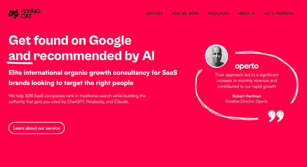 Website screenshot for Flying Cat Marketing, which is an international LLM SEO agency