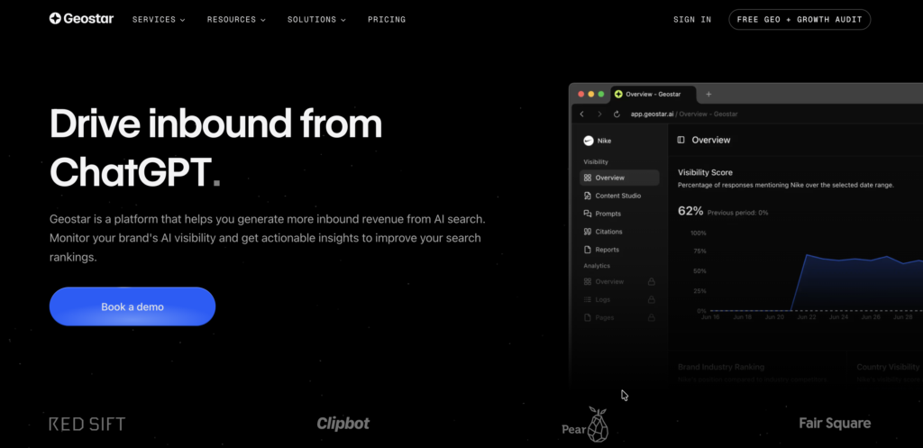 Home page for Geostar, which offers a GEO platform
