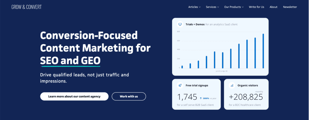 Website screenshot from B2B SaaS SEO agency, Grow & Convert
