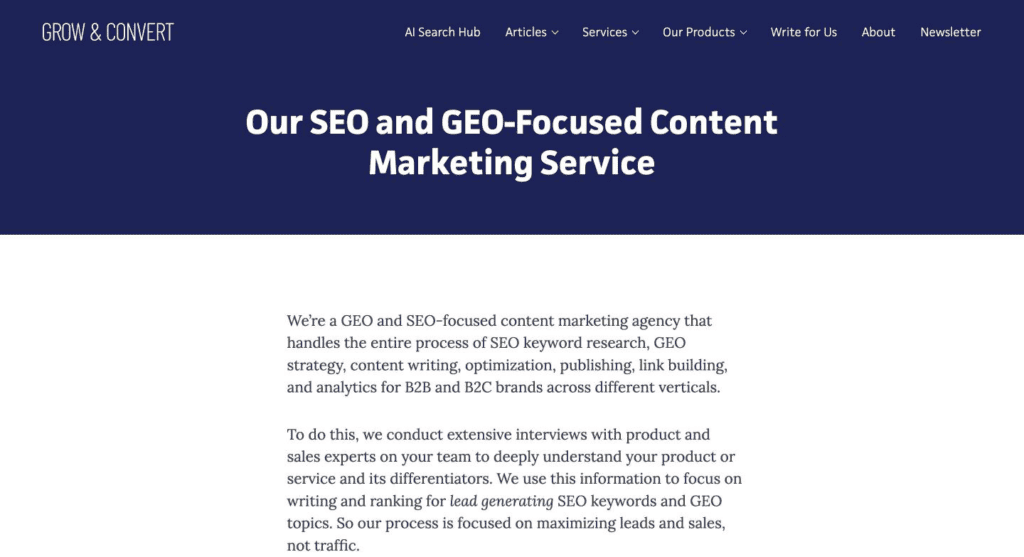 Website screenshot for Grow and Convert's LLM SEO services