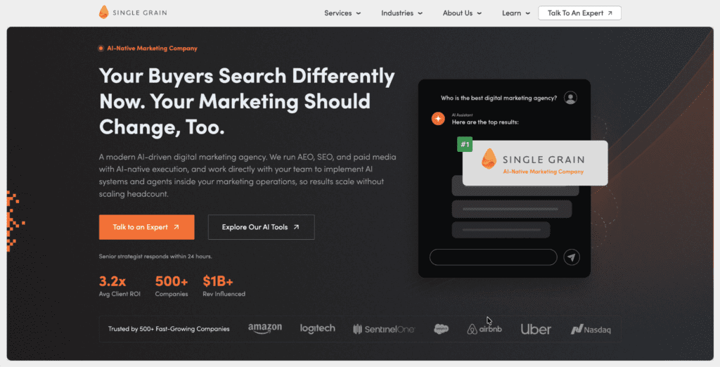 Website homepage for Single Grain—an AI marketing agency