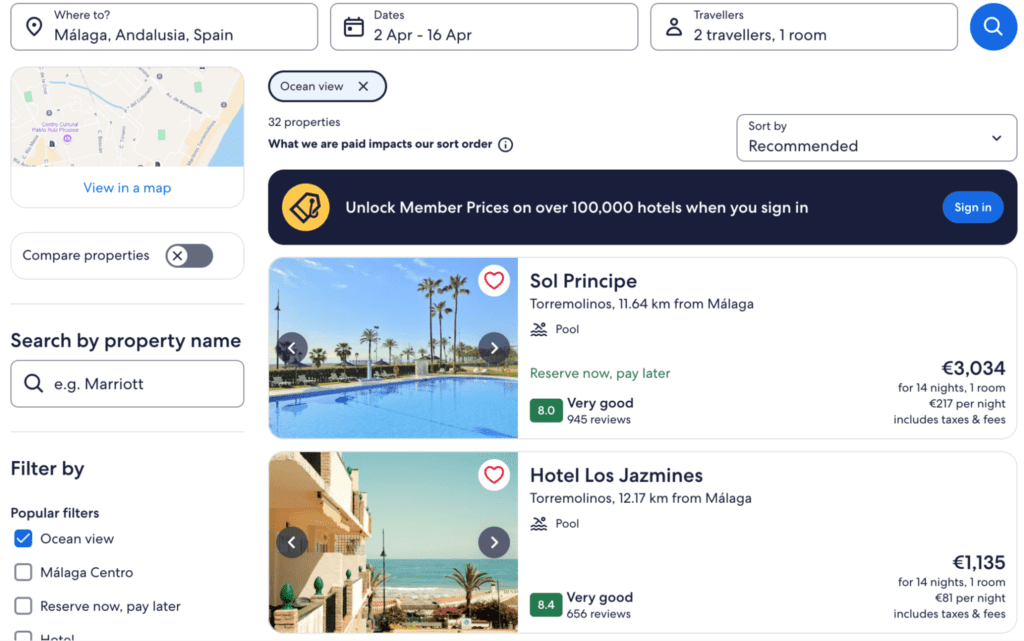 Expedia search page