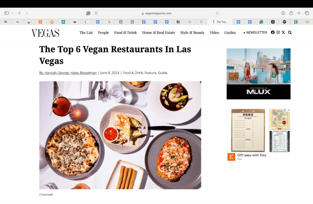 Screenshot of blog post about top vegan restaurants in Las Vegas