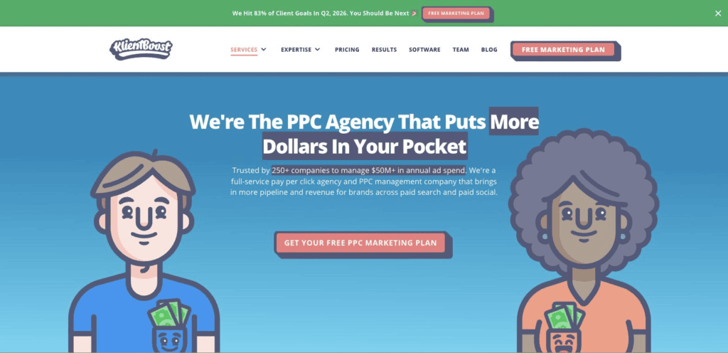 Service page for KlientBoost—a B2B PPC management agency