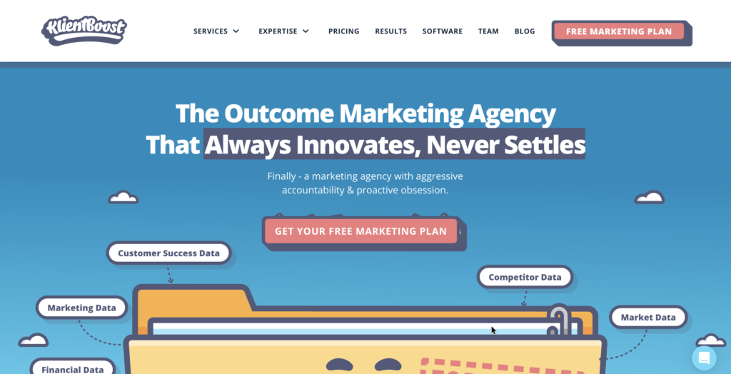 Home page for KlientBoost — a marketing agency that serves SaaS brands