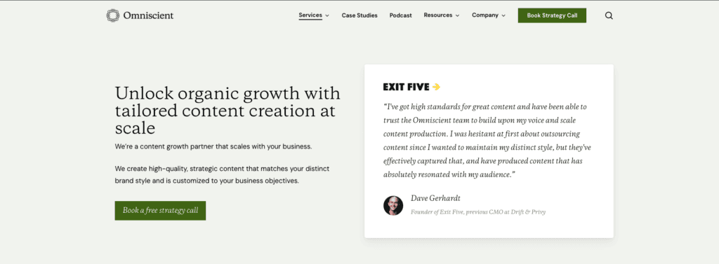 Service page for Omniscient Digital—a trusted SEO content creation agency for B2B software brands