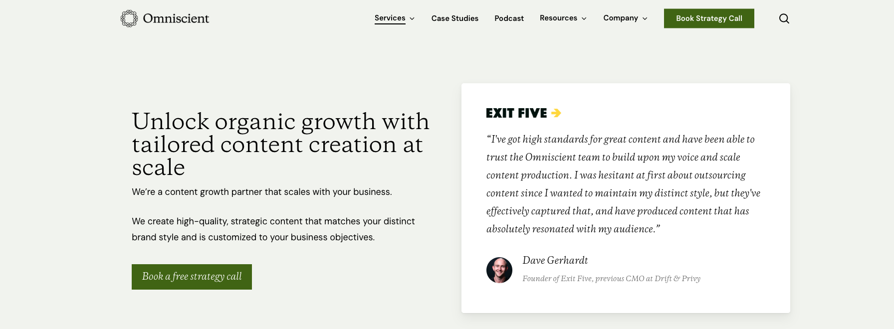 Service page for Omniscient Digital—a trusted SEO content creation agency for B2B software brands