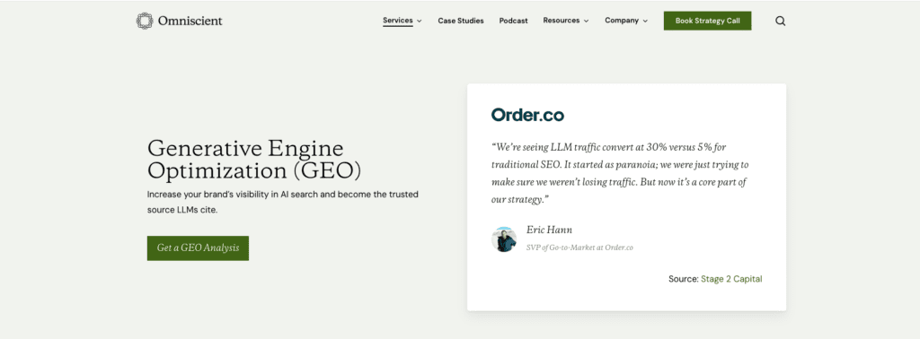 Service page for Omniscient—a top GEO agency