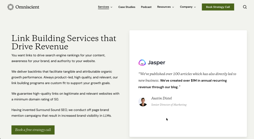 Service page for Omniscient Digital—a trusted link building agency for B2B and B2B SaaS companies