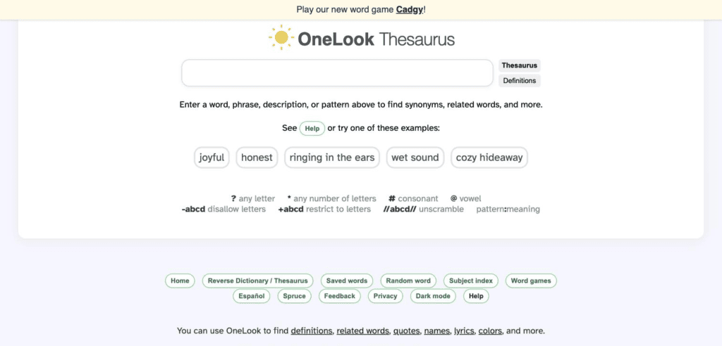 OneLook Thesaurus, a content marketing tool for wordsmithing