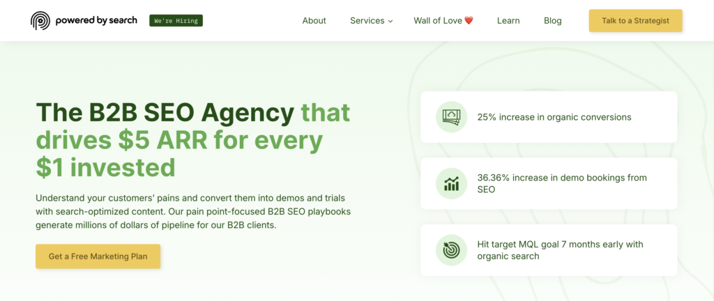 Homepage for Powered By Search, which offers international SEO services