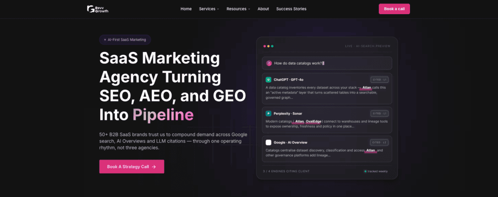 Home page for RevvGrowth, which is a SaaS-exclusive AI marketing agency