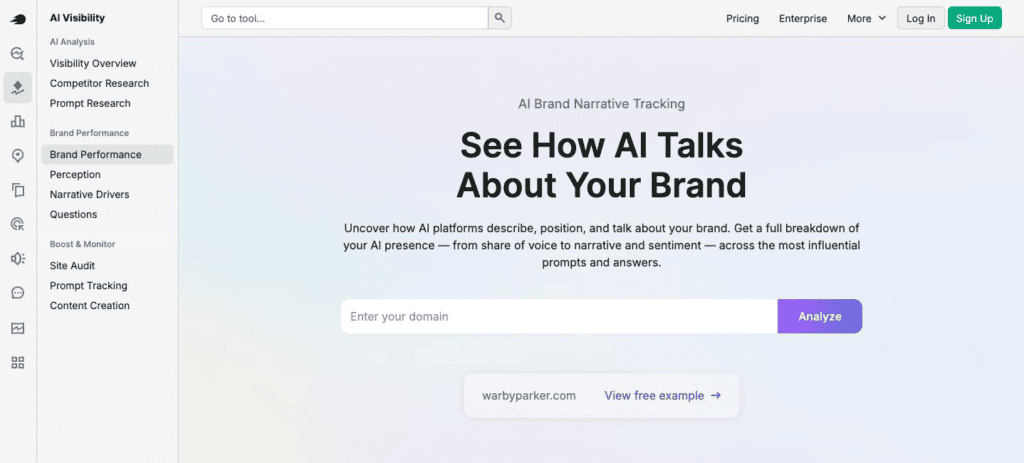 Semrush's GEO tool, which include AI brand narrative tracking