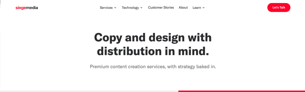 Service page for Siege Media—a B2B content creation agency