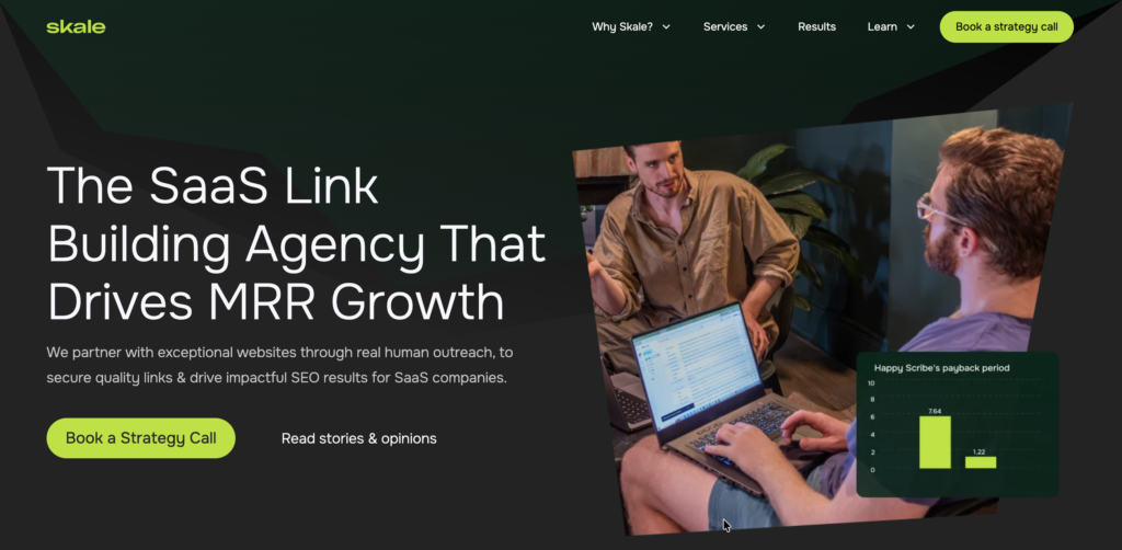 Website screenshot for Skale, which is a SaaS link building agency