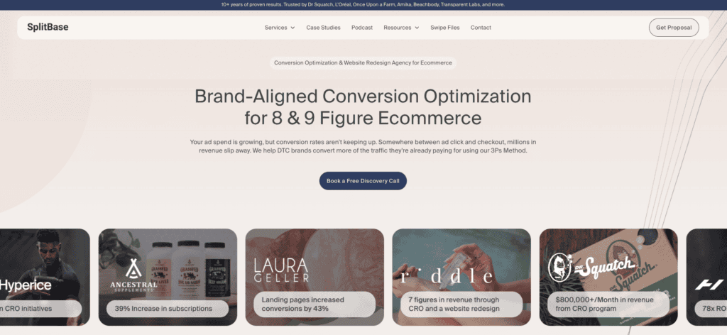 Home page of SplitBase—a top conversion rate optimization agency for ecommerce and DTC brands 